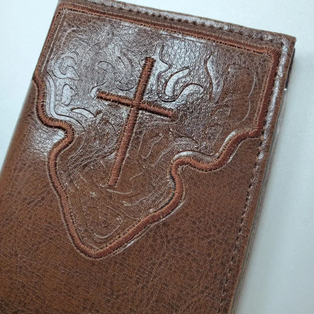 Men’s Brown Coated Leather Wallet Checkbook Embroidered Holy Cross Design NWOT
